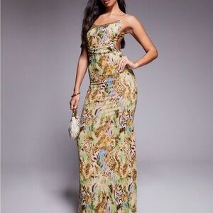 Tiger Mist Green Multi-Print Spaghetti Strap Maxi Dress